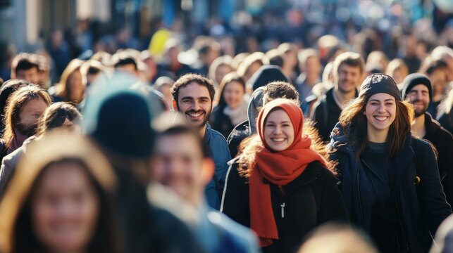 Crowd of people on city street smiling happy