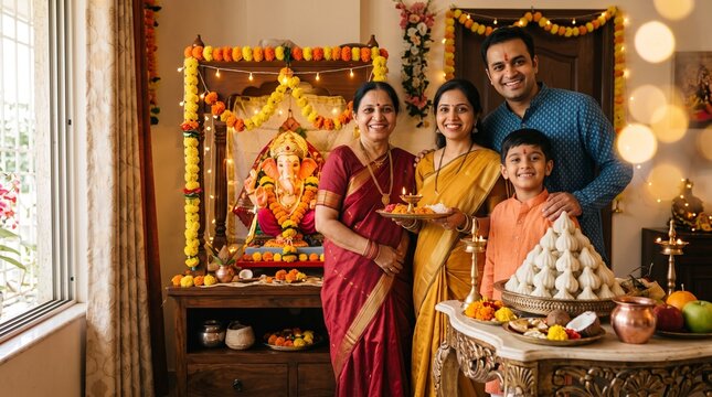 Family perfoming Ganpati aarti on Ganesh Chaturthi at home
