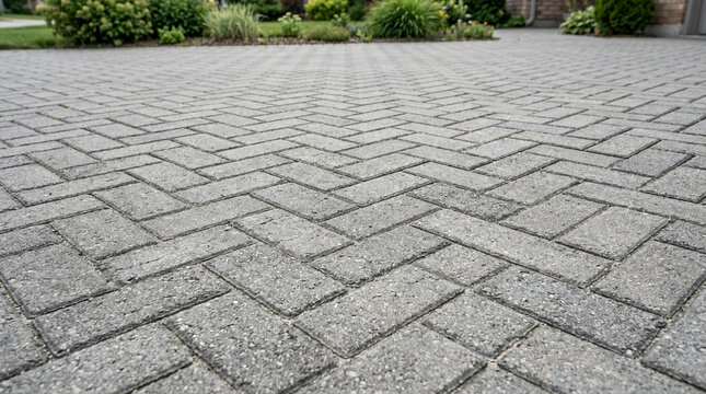 Clean gray interlocking pavers forming a herringbone pattern on a modern driveway