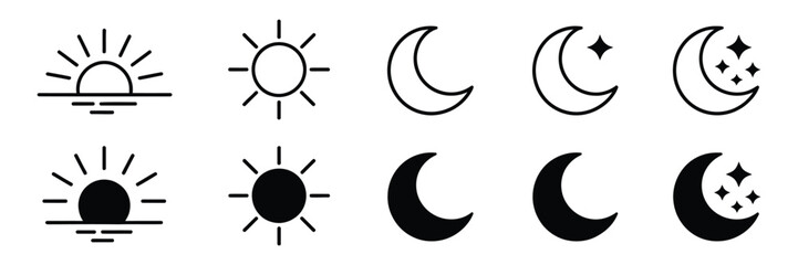 Sun weather icon set, sunrise sunset symbol, crescent moon with stars, outline and filled styles, sky elements, vector illustration © Bulbuli