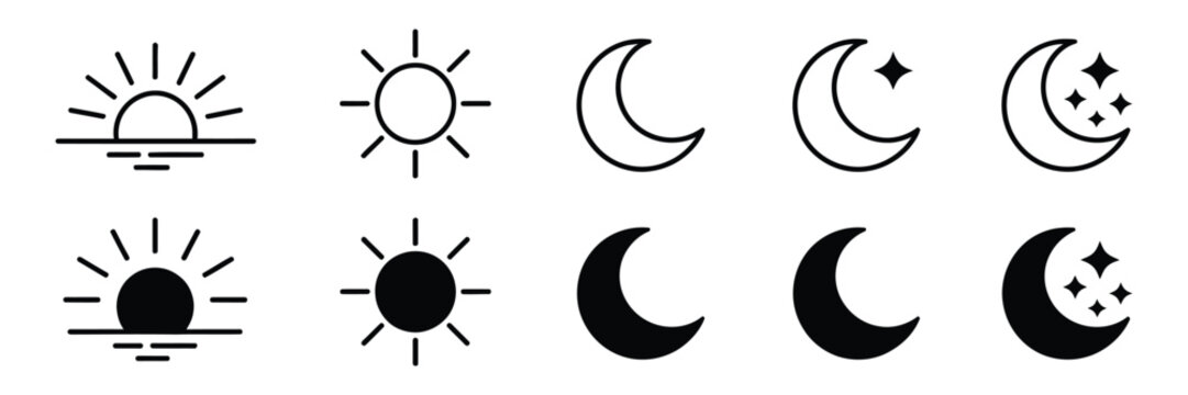 Sun weather icon set, sunrise sunset symbol, crescent moon with stars, outline and filled styles, sky elements, vector illustration