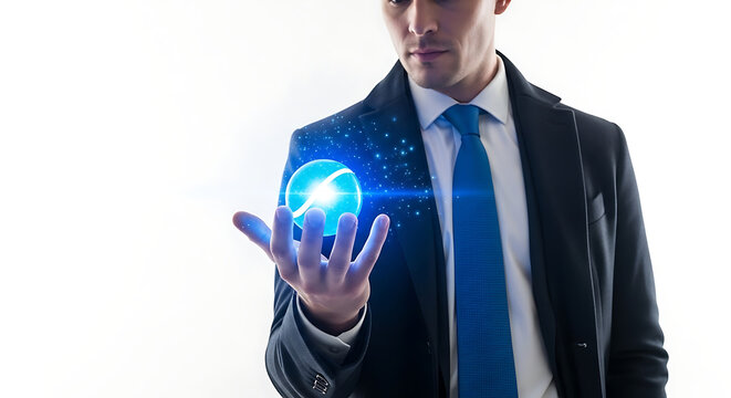 Businessman touching holographic blue interface
