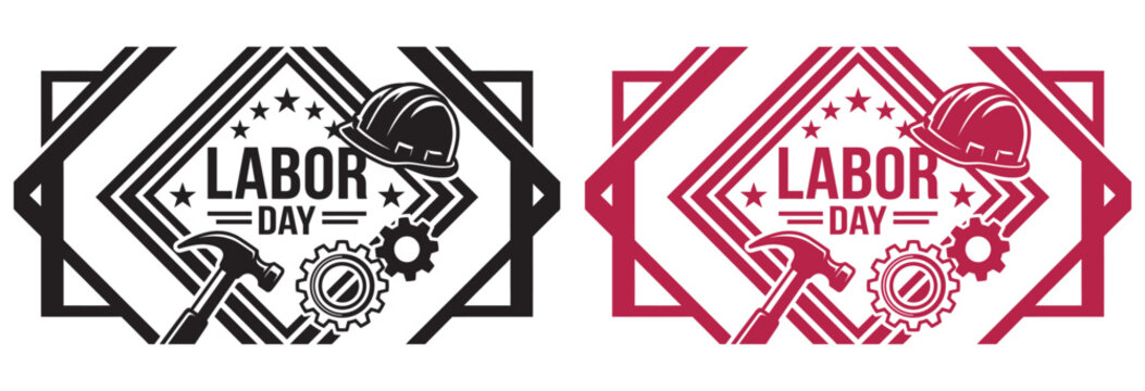 Labor Day Construction Badge Vector Set with Hard Hat, Hammer and Gear &ndash; Modern Worker Appreciation Holiday Emblem Collection