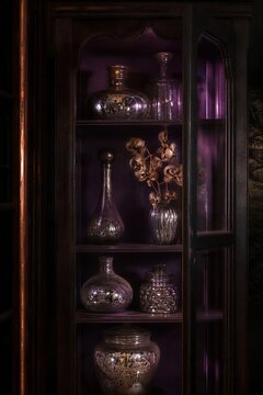 Mercury glass vase and jar arrangement on dark wooden cabinet shelf illuminated by purple light. Vintage home decoration for Halloween party style. portrait format