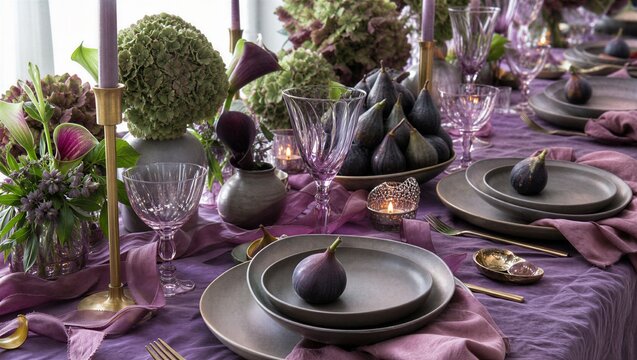 Elegant Halloween or Autumn Tablescape with Amethyst Linens, Figs, and Floral Accents
