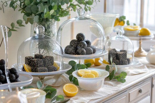 Halloween dessert table with black sesame treat under glass dome and lemon slice eucalyptus leaf decoration for party buffet