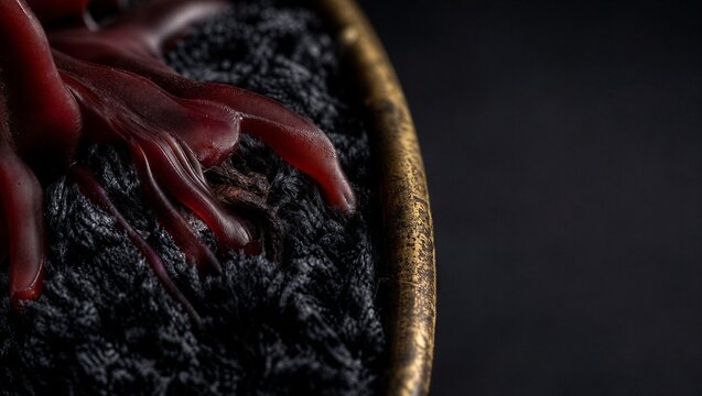 Close up of melted red candle wax dripping on black velvet surface inside brass bowl. Halloween decoration featuring dripping wax. Horror theme for spooky event