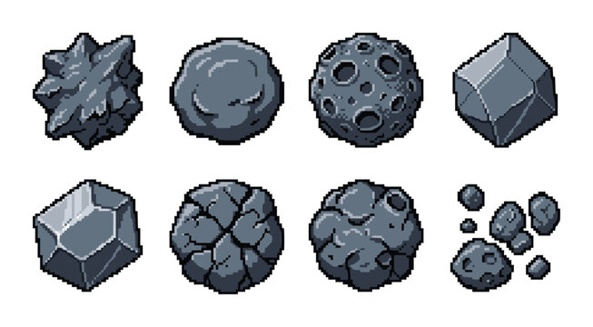 Set of eight pixel art asteroids and space rocks isolated on white background
