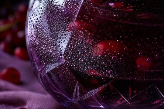 Close up of crystal bowl with condensation and dark red liquid. Halloween punch with pomegranate and bubbles. Refreshing cold drink concept