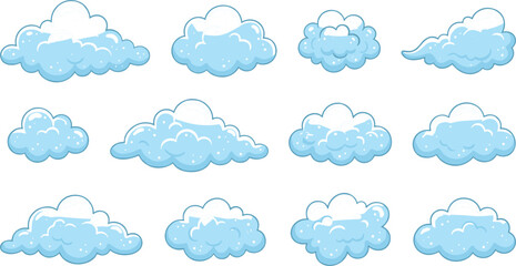Fototapeta premium Cartoon Blue Clouds Vector Set Featuring Fluffy Soft Sky Elements and Cumulus Shapes for Children Illustration Game Design and Weather Backgrounds