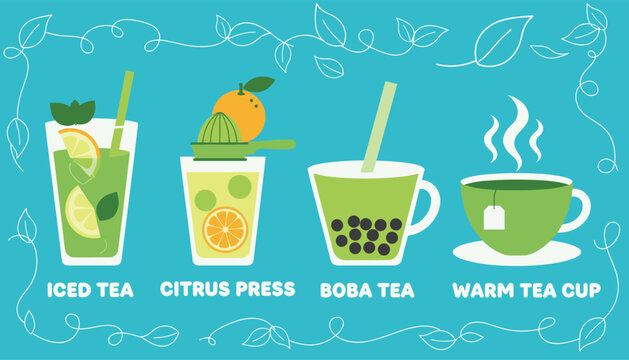 Menu illustration displaying four tea varieties including iced tea, citrus press, boba tea, and a warm tea cup on teal background.