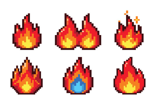 Pixel art fire icons set including burning orange and blue flames