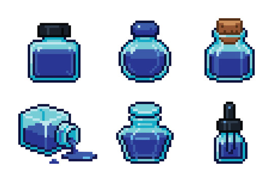 Blue mana magic elixir glass flask pixel art icons on white background