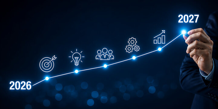 Businessman drawing a strategic growth roadmap from 2026 to 2027 with goals innovation teamwork operations analytics and measurable success milestones on blue business strategy background