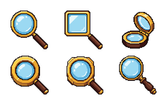 Set of six pixel art magnifying glass icons with varied gold frames
