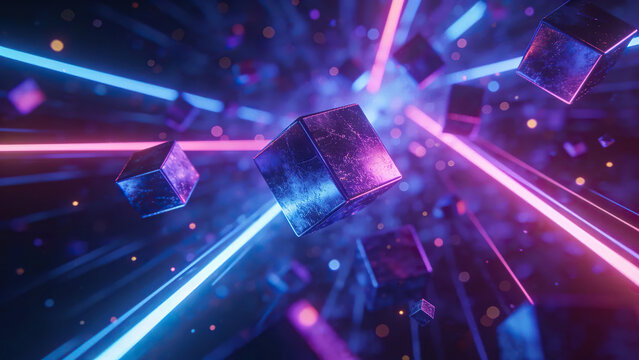 Geometric cube composition with vibrant energy beams on modern technology background