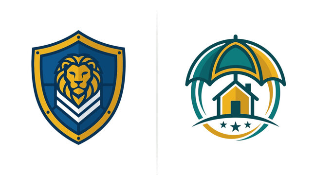 Professional emblem collection with lion shield and house protection icons