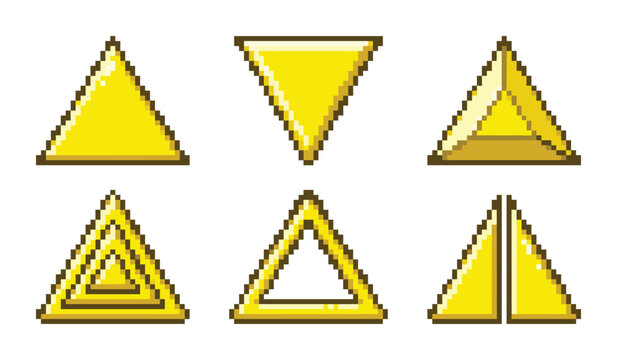 Six yellow pixel art triangle icons with different geometric patterns
