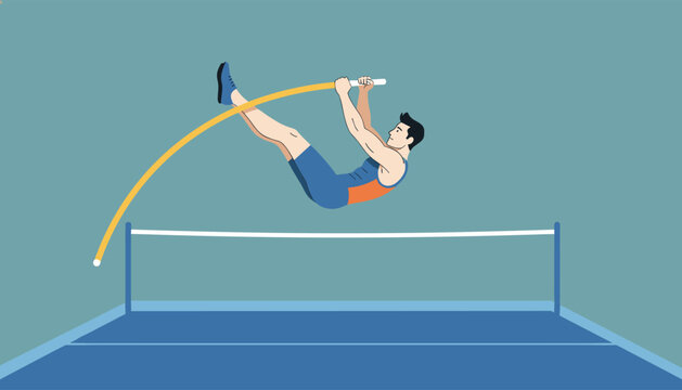 Male athlete performing a dynamic pole vault over a bar inside an indoor arena with a clean blue running track.