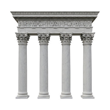 Classic architectural facade with four stone marble columns and decorative cornice isolated on transparent background