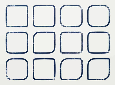 Set of twelve weathered navy blue square and rounded border stamp frames
