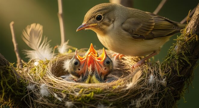 Bird feeding hungry hatchlings in a mossy tree nest.