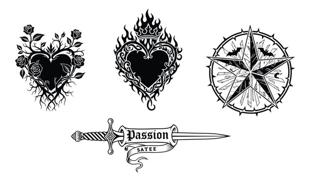 Black and white tattoo flash sheet featuring gothic rose hearts, a burning crown heart, a star compass, and a dagger with passion ribbon.