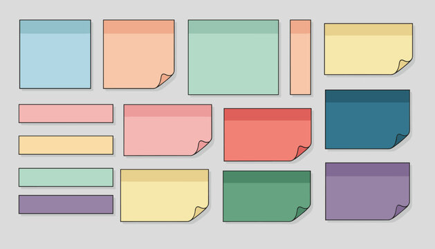 Multi-colored blank sticky notes in various rectangular sizes and shapes, neatly organized on a clean grey background.