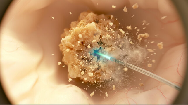 Laser lithotripsy - endoscopic microscopic view of kidney stone fragmentation in the renal calyx
