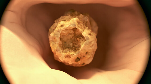 Microscopic view of a kidney stone inside the renal calyx - 3D medical illustration