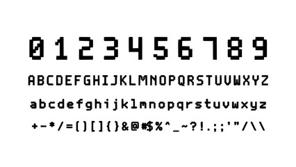 Obraz premium Digital Display of Alphanumeric Characters and Symbols in a Pixelated Font Style Featuring Typeface, Letters, Numbers with Signs