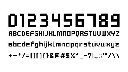 Obraz premium Digital Display of Alphanumeric Characters and Symbols in a Pixelated Font Style Featuring Typography, Letters, Numbers