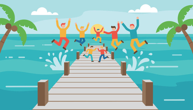 Group of happy friends jumping from a wooden pier into the tropical blue ocean at a beach resort during sunset.