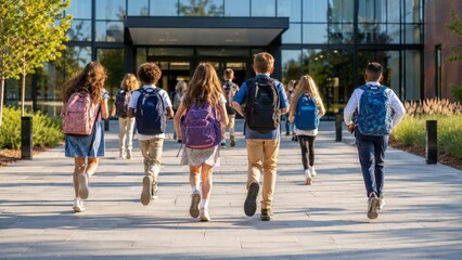 Obraz premium Schoolchildren Walking Toward a Modern School Building on the First Day Back to School