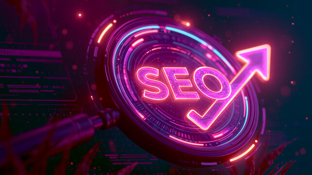 SEO analytics concept with magnifying glass highlighting search engine optimization metrics on digital dashboard, website performance analysis, keyword research, online marketing strategy and business