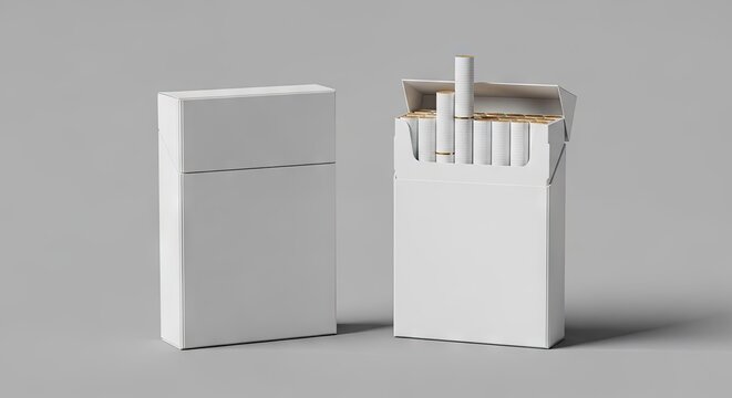 Blank white cigarette packs on a neutral background.