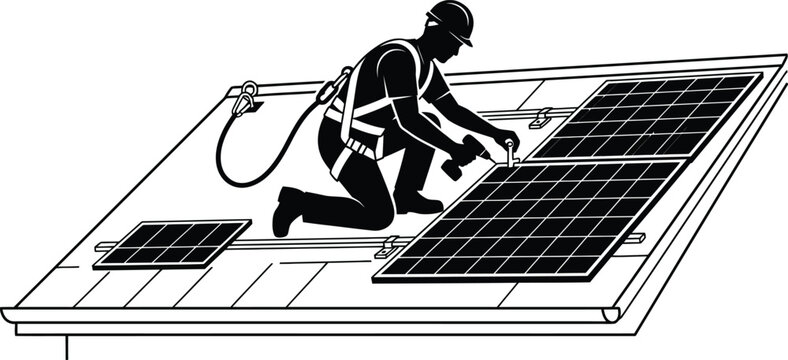 a black vector silhouette of a technician installing rooftop solar panels using safety equipment, clean commercial illustration Art & Illustration