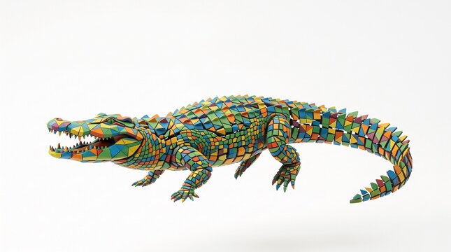 3D Multicolor Geometric Mosaic Crocodile Isolated