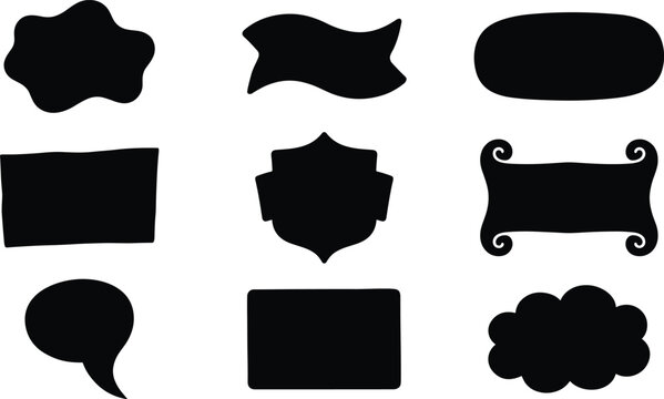 Hand Drawn Solid Black Silhouette Blank Text Box and Speech Bubble Shape Collection for Commercial Graphic Design Projects