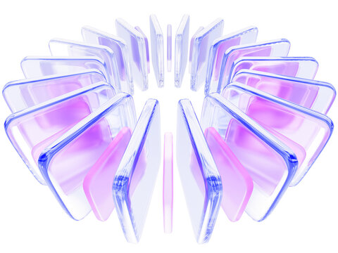 Hologram glass circle array on light blue 3d background. Abstract geometric ring of transparent square plate shapes with rainbow pink purple gradient, render circular motion effect
