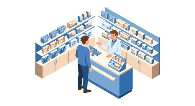 Pharmacy counter with customer and pharmacist isometric vector illustration with blue and beige tones drugstore