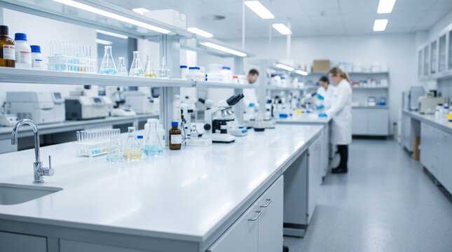  Busy Science Laboratory with Researchers Working at Benches Modern Medical Testing Facility Background