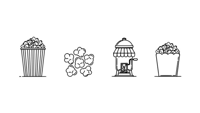 Popcorn in Various Forms and Containers, Including a Popcorn Machine and Loose Kernels, Illustrated in a Simple Vector Style