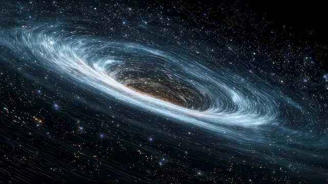 Massive black hole with glowing accretion disk and gravitational lensing effect in deep space surrounded by distant stars