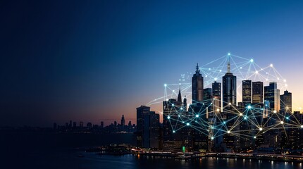 Fototapeta premium City Skyline at Dusk with Digital Network Connections Smart City IoT 5G Big Data Technology Background