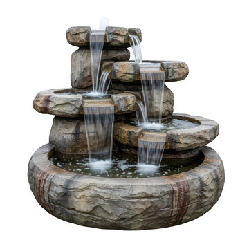 Decorative stone water fountain with tiered levels and flowing water for gardens isolated on transparent background