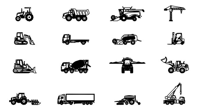 Machinery Set Includes Tractors, Trucks, and Construction Vehicles in Black and White Icons Featuring Agriculture, Industry