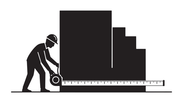 Construction worker measuring building height with survey tools at an urban site for planning and inspection
