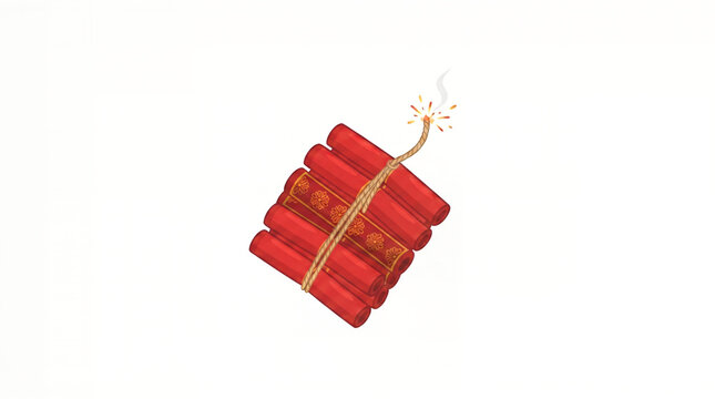 Bundle of red dynamite sticks with lit fuse white background dynamite