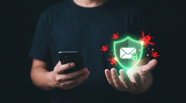 Professional holding phone with holographic email protection shield blocking red digital malware bugs in a conceptual cybersecurity and data privacy business environment
